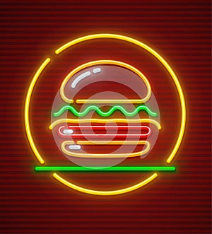 Burger neon icon hamburger fast food symbol