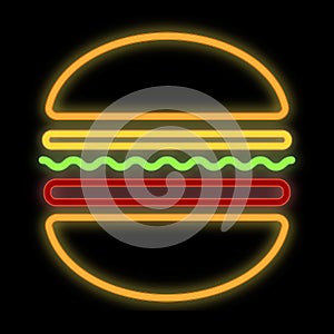 Burger neon sign. Hamburger icon on black background. Luminous advertising.