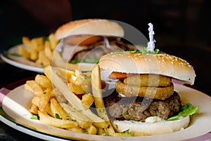 Burger with onion rings. photo