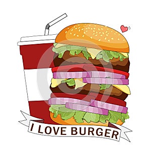 Burger ordered on the fast food menu with drink cup of water. Hamburger with cutlet, tomatoes and onion. Logo icon vector
