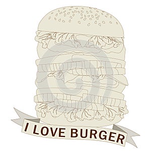 Burger ordered on the fast food menu. Hamburger with cutlet, tomatoes and onion. Logo icon vector illustration design vintage