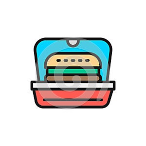Burger in packing, fast food takeaway flat color line icon.