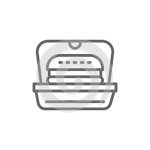 Burger in packing, fast food takeaway line icon.