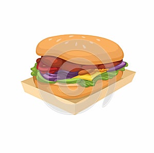Burger On Paper Food Tray Fast Food Menu Cartoon illustration Vector