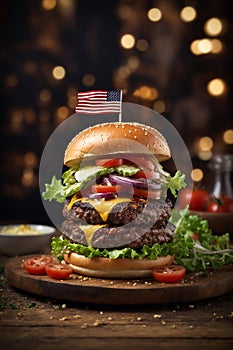 Burger. A patriotic burger with American flag for celebration of USA Independence Day, 4th of July, generative AI