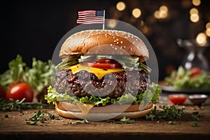 Burger. A patriotic burger with American flag for celebration of USA Independence Day, 4th of July. Generative AI