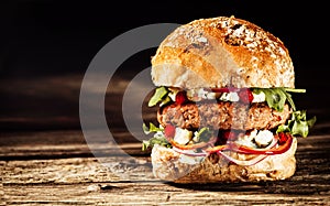 Burger Piled High with Toppings on Whole Grain Bun