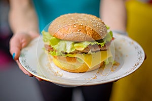 Burger on a plate in hand