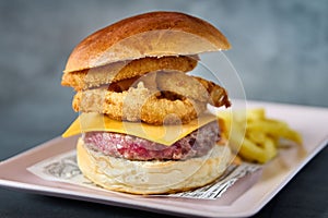 the burger on a plate with onion rings and cheese are ready to eat