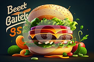Burger poster for menu restaurant. Burger design style promotional fast food poster.
