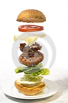 Burger preparation sliced  ingredients levitating on white background