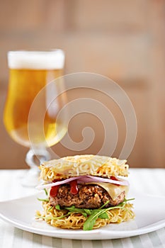 Burger with ramen and sri racha