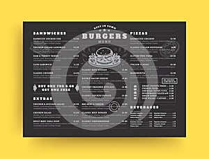 Burger restaurant menu layout design brochure or food flyer template vector illustration.