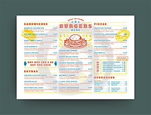 Burger restaurant menu layout design brochure or food flyer template vector illustration