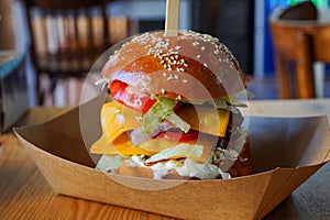 Burger on restaurant table