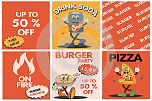 Burger retro cartoon fast food posters and cards. Comic character slogan quote and other elements