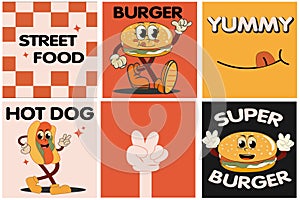 Burger retro cartoon fast food posters and cards. Comic character slogan quote and other elements