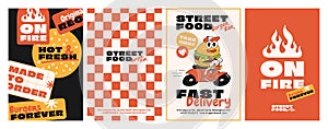 Burger retro cartoon fast food posters and cards. Menu, invitation, stories template.