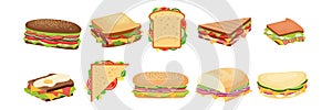 Burger, sandwich, hot dog and wrap Vector illustration set. Hamburger or cheeseburger snack fast food collections