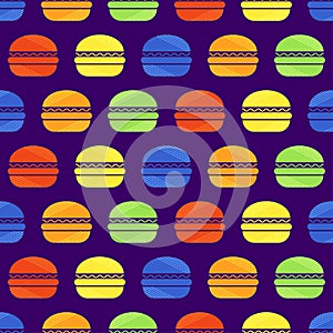 Burger seamless pattern. Fast food icon in pop art color. Colorful icon burger on purple background