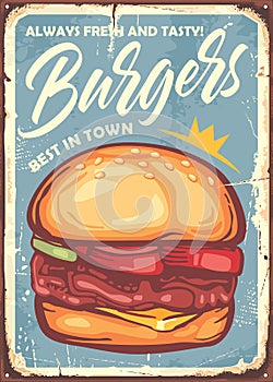 Burger sign design in retro style made for restaurants and fast food stores. photo