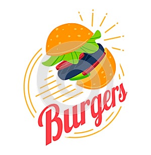 Burger sign icon, isolated on white vector illustration. Hamburger food symbol, cheeseburger with meat logo design