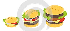 Burger size. Fast food. Calculation of increasing calories. Hamburger infographic. Vector illustration.