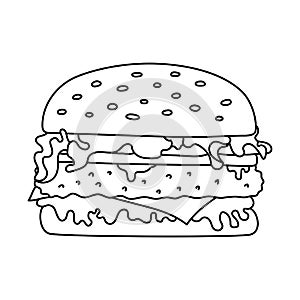 Burger sketch. Fast food. Hamburger. Cartoon black and white line illustration. Unhealthy meal. Vector hand drawn sandwich icon