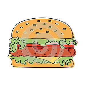 Burger sketch. Fast food. Hamburger. Cartoon illustration. Unhealthy meal. Vector hand drawn sandwich icon for restaurant menu