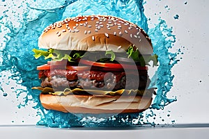 Burger with splashing water background