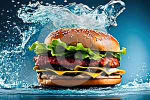 Burger with splashing water background