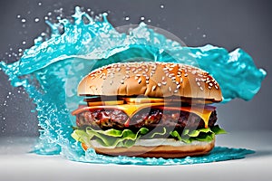 Burger with splashing water background