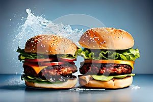 Burger with splashing water background