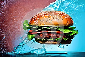 Burger with splashing water background