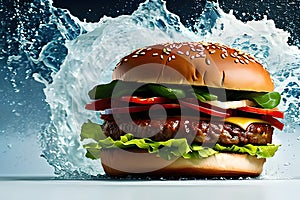 Burger with splashing water background