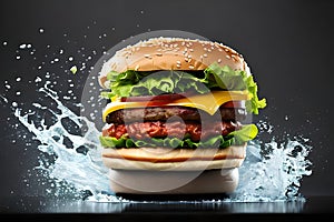 Burger with splashing water background