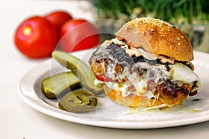 Burger steak with spatula, mozzarella with onion and American sauce with cucumbers and jalapeno