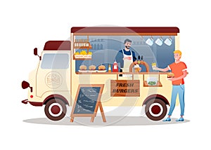 Burger street food market truck, van car vehicle transport with hamburger fries and beer