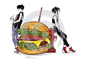 Burger with stylish girl in the sketch style on the white background.