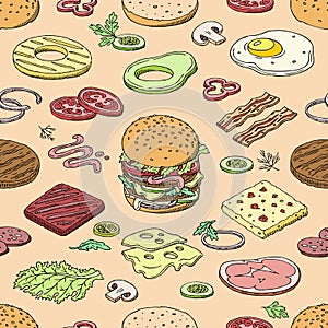 Burger vector fast food hamburger or cheeseburger constructor with ingredients meat bun tomato and cheese illustration