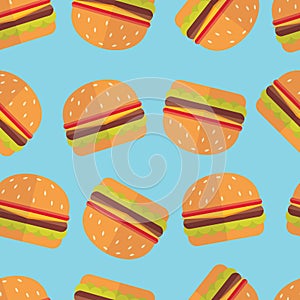 Burger vector flat style repeatable pattern isolated on blue background