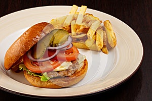 Burger with vegetables and French fries