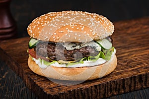 Burger on a wooden board