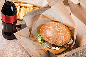 Burger on a wooden board