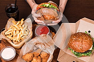 Burger on a wooden board