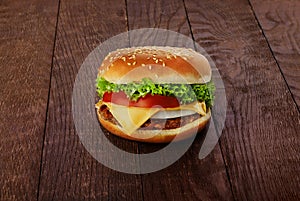 Burger on a wooden board