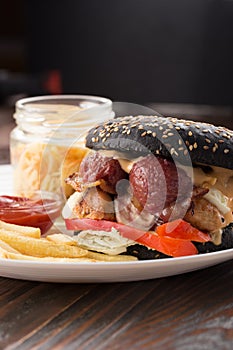 Burger on wooden table