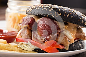 Burger on wooden table