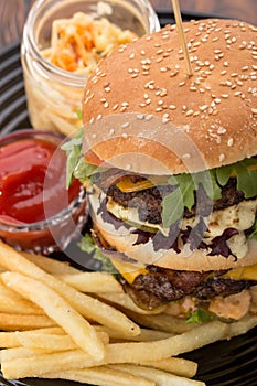 Burger on wooden table