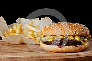 Burger (hamburger) with french fries